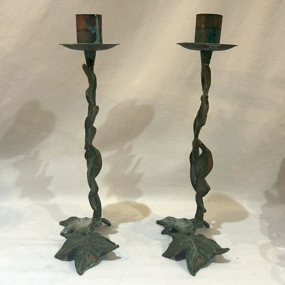 PartyLite Ivy Trellis Candlestick Holder Pair Brass Accents Green Patina - Picture 3 of 7